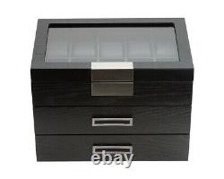 10 20 30 Slot Wrist Watch Black Oak Wood Storage Display Box Case Chest Cabinet