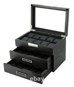 10 20 30 Slot Wrist Watch Black Oak Wood Storage Display Box Case Chest Cabinet