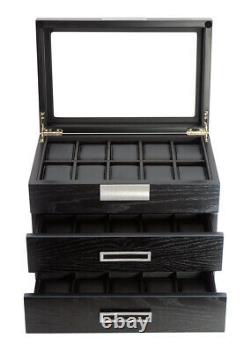 10 20 30 Slot Wrist Watch Black Oak Wood Storage Display Box Case Chest Cabinet