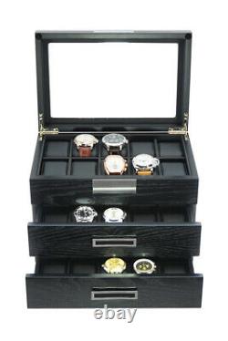 10 20 30 Slot Wrist Watch Black Oak Wood Storage Display Box Case Chest Cabinet