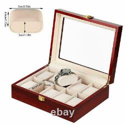 10 Slots Watch Display Case Ebony Wood Organizer Glass Jewelry Box Storage Gift