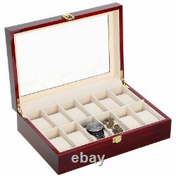 10 Slots Watch Display Case Ebony Wood Organizer Glass Jewelry Box Storage Gift
