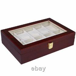 10 Slots Watch Display Case Ebony Wood Organizer Glass Jewelry Box Storage Gift