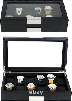 12 Ebony Wood Watch Box Display Case Storage Jewelry Organizer with Glass Top, S