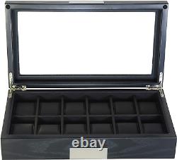 12 Ebony Wood Watch Box Display Case Storage Jewelry Organizer with Glass Top, S