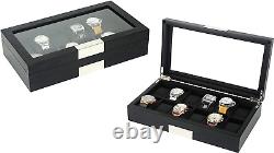 12 Ebony Wood Watch Box Display Case Storage Jewelry Organizer with Glass Top, S