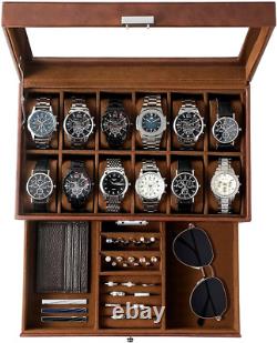 12 Slot Watch Box Display Case for Men with Glass Lid Leather Storage Organizer