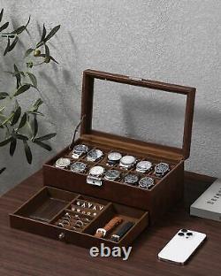 12 Slot Watch Box Display Case for Men with Glass Lid Leather Storage Organizer