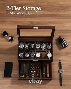 12 Slot Watch Box Display Case for Men with Glass Lid Leather Storage Organizer