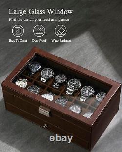12 Slot Watch Box Display Case for Men with Glass Lid Leather Storage Organizer