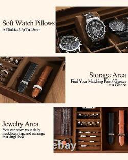 12 Slot Watch Box Display Case for Men with Glass Lid Leather Storage Organizer