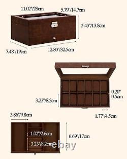 12 Slot Watch Box Display Case for Men with Glass Lid Leather Storage Organizer