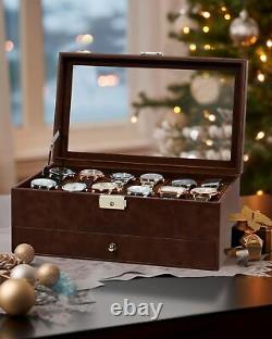 12 Slot Watch Box Display Case for Men with Glass Lid Leather Storage Organizer