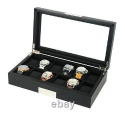 12 Slot Watch Storage Display Chest Box Case Black Oak Wooden Glass Top Cabinet