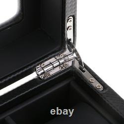 12 Slots Carbon Fiber Watch Display Case Glass Top Locking Storage Organizer