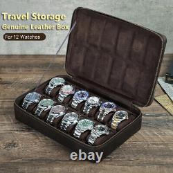 12 Slots Genuine Leather Watch Box Display Case Watches Storage Organizer Holder