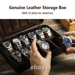 12 Slots Genuine Leather Watches Display Storage Box Travel Watch Organizer Case
