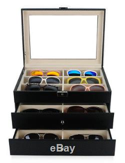 18 Black Carbon Fiber Drawer Eyeglass Sunglass Oversized Storage Display Case