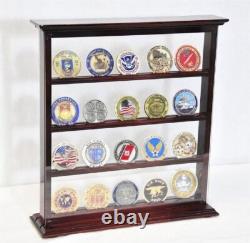 20 Challenge Coin Display Case 4 Shelves Cherry Military Cabinet Wood Curio Rack