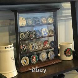 20 Challenge Coin Display Case 4 Shelves Cherry Military Cabinet Wood Curio Rack