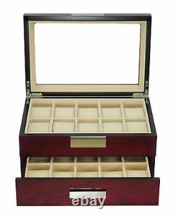 20 Cherry Wood 2 Level Watch Case Jewelry Storage Drawer Glass Top Display Case