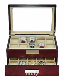 20 Cherry Wood 2 Level Watch Case Jewelry Storage Drawer Glass Top Display Case