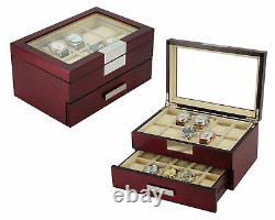 20 Cherry Wood 2 Level Watch Case Jewelry Storage Drawer Glass Top Display Case