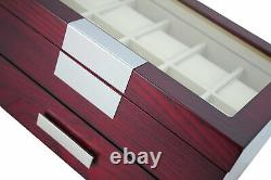 20 Cherry Wood 2 Level Watch Case Jewelry Storage Drawer Glass Top Display Case