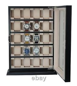 20 Piece Black Ebony Wood Watch Display Wall Hanging Case and Storage Organizer