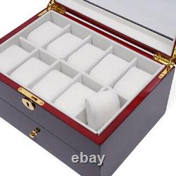 20 Slot Wood Watch Box Display Case Glass Top Jewelry Storage Organizer Box usa