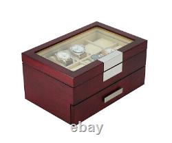 20 Slots Wooden Watch Display Case Glass Top Jewelry Collection Storage Box