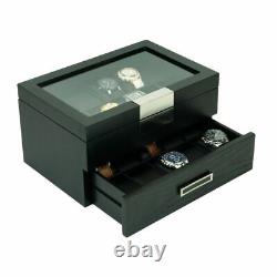 20 Watch Black Wood Display Case Extra Height Drawer Storage Box Stainless Steel