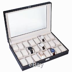 24 Slot Watch Winders Box Leather Display Case Glass Top Jewelry Storage Black