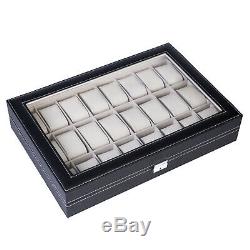 24 Slot Watch Winders Box Leather Display Case Glass Top Jewelry Storage Black