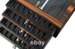 32 Pen slot Fountain Ebony Wood glass Display Case Organizer Storage Box Jewelry