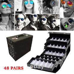 48-Slot 4-Layer Eyeglasses Sunglasses Display Case Storage Lock Box PU Leather