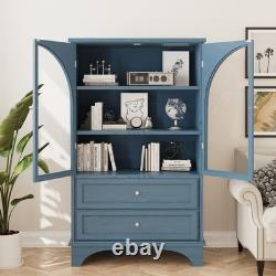 52.17 Glass Door Display Case Storage Cabinet with 2 Drawers & Adjustable Shelf