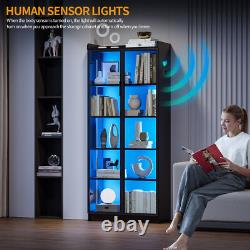 65 Tall Bookcase with LED Light 5-Tier Display Case with Adjustable Dividers