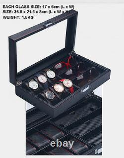 6 10 12 Slots Black Carbon Fiber Wood Glass Watch Display Storage Box Case Gift