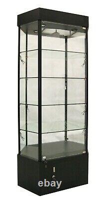 72 Inch Tall Hexagonal Black Tower Display Showcase with LED Lights and Storage