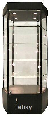 72 Inch Tall Hexagonal Black Tower Display Showcase with LED Lights and Storage