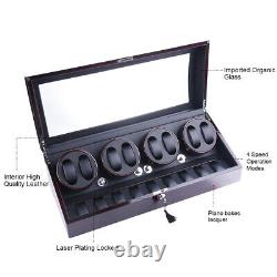 8+9 Auto Rotation Watch Winder Ebony Wood Black Leather Display Box Storage Case