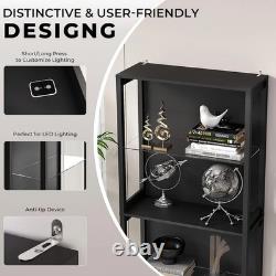 Aauro 4 Tier LED Glass Display Cabinet Curio Case Removable Shelves Black