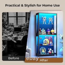 Aauro 4 Tier LED Glass Display Cabinet Curio Case Removable Shelves Black