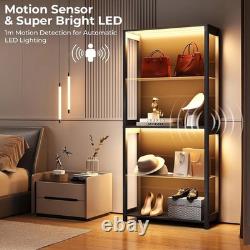 Aauro 4 Tier LED Glass Display Cabinet Curio Case Removable Shelves Black