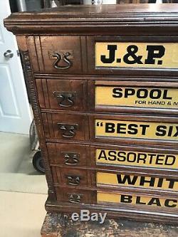 Antique J&P Coats Advertising Six Drawer Country Store Display Spool Cabinet