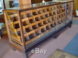 Antique OAK Wood & Glass Mercantile Store Showcase 8' long Display, 55 Drawers