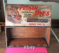 Antique Putnam Dyes Monroe Drug Store Merchant Display Case Wood and Tin