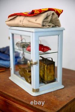 Antique Store Counter Display Case Wood Glass shelf blue apothecary cabinet