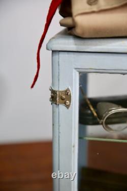 Antique Store Counter Display Case Wood Glass shelf blue apothecary cabinet